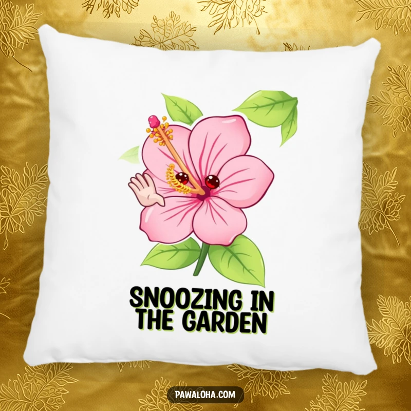 Funny hibiscus flower pillow with a cute character adorably waving hello with its petals, offering comfort and a cheerful decorative accent.