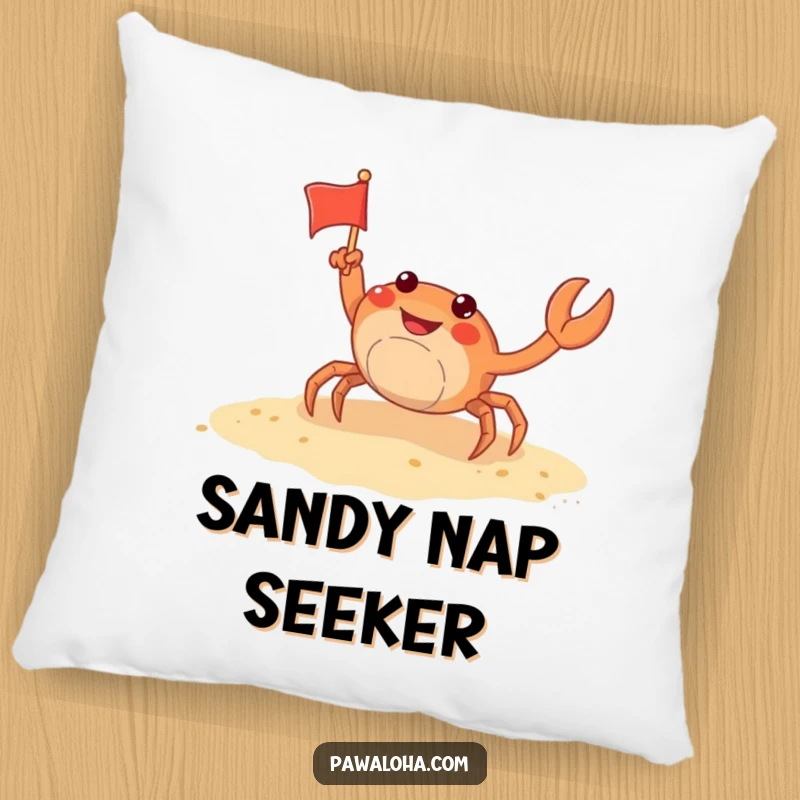Funny crab pillow featuring a playful crab waving a tiny flag on a sandy shore, offering comfort and a touch of beach humor.
