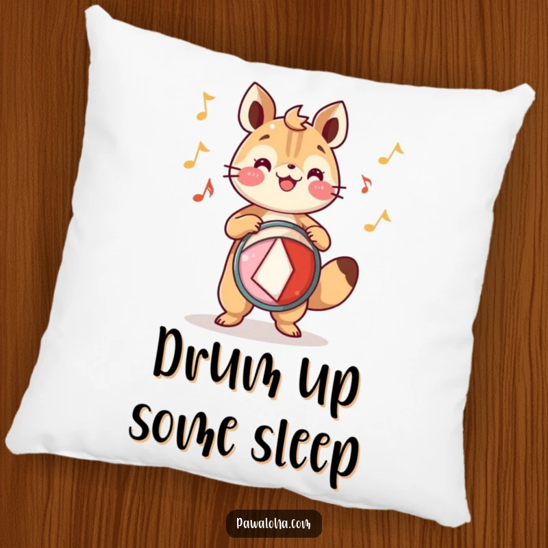 Funny Pillow: An animal character plays a festive drum with joyful rhythm, offering comfort and rhythmic humor.
