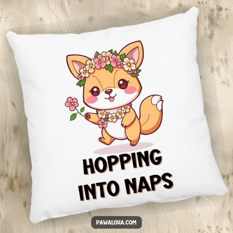 Funny Pillow: An animal character wearing floral leis hops enthusiastically, offering comfort and energetic humor.