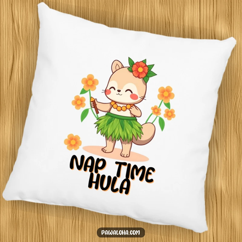 Funny Pillow: A cute animal wearing a grass skirt dances the hula, providing comfort and tropical humor.