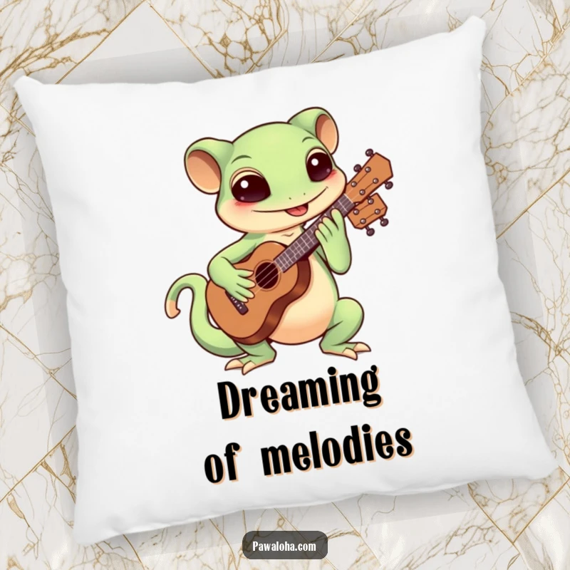 Funny Kawaii gecko strumming a ukulele with enthusiasm on a soft pillow, perfect for music lovers.
