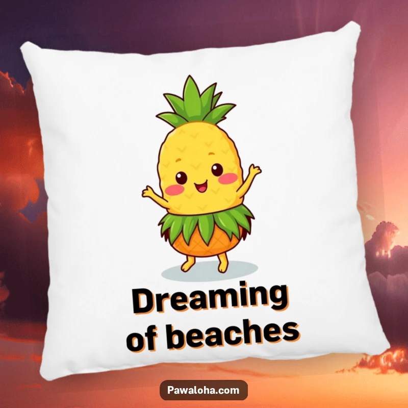 Funny Kawaii pineapple in a grass skirt, dancing happily on a soft pillow, perfect for comfort.