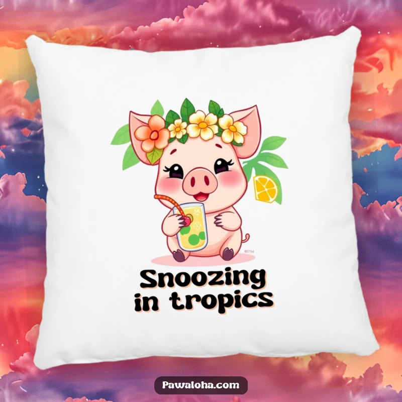 Funny pig pillow featuring a cheerful pig in a flower crown sipping a tropical drink, offering comfort and a touch of vacation humor.