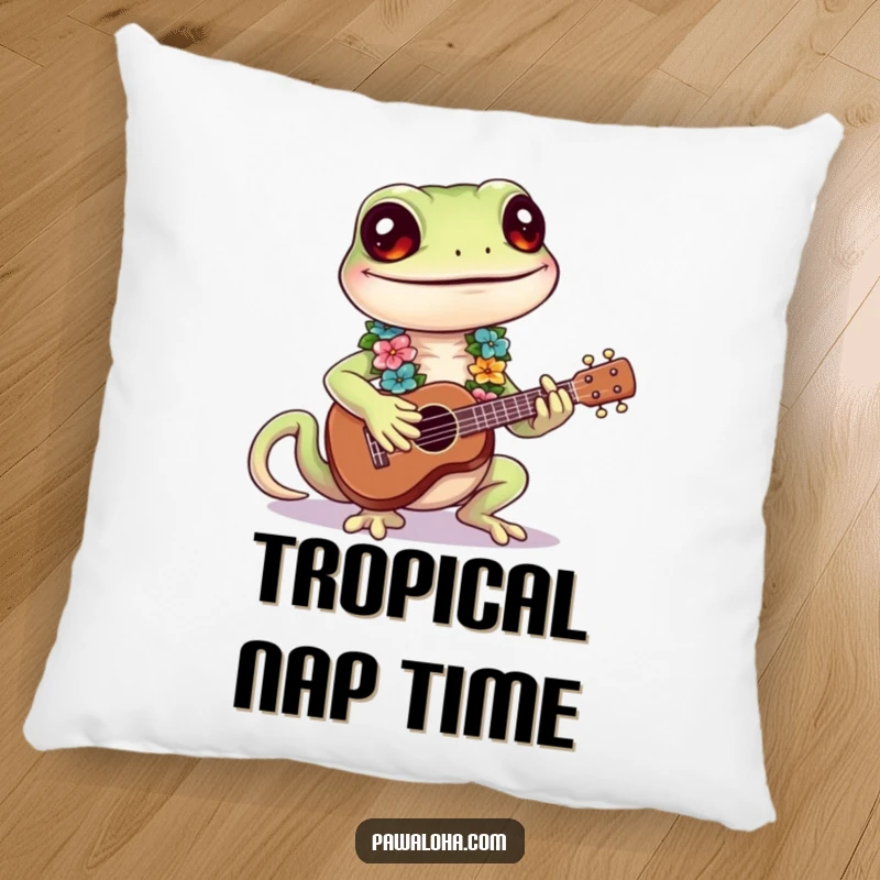 Funny Gecko Pillow showcasing a smiling gecko playing a ukulele, humorous home decor.