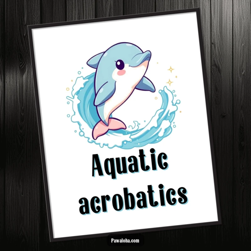 Funny dolphin character leaping through a sparkling wave, presented as a digital art print for dynamic aquatic decor.