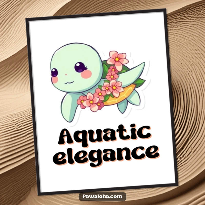 Funny Kawaii Turtle Digital Art: Adorable sea turtle swimming with a flower garland, a funny printable art for ocean lovers.