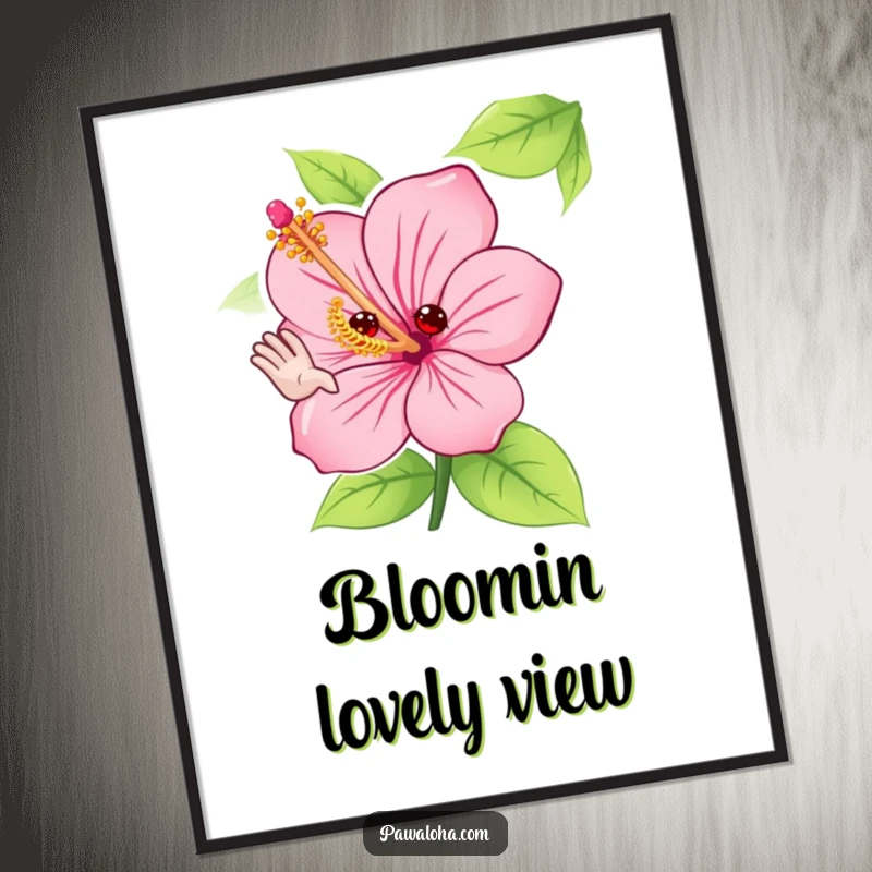 Funny hibiscus floral digital art print of a cute character adorably waving hello with its petals, perfect for instant cheerful decor.