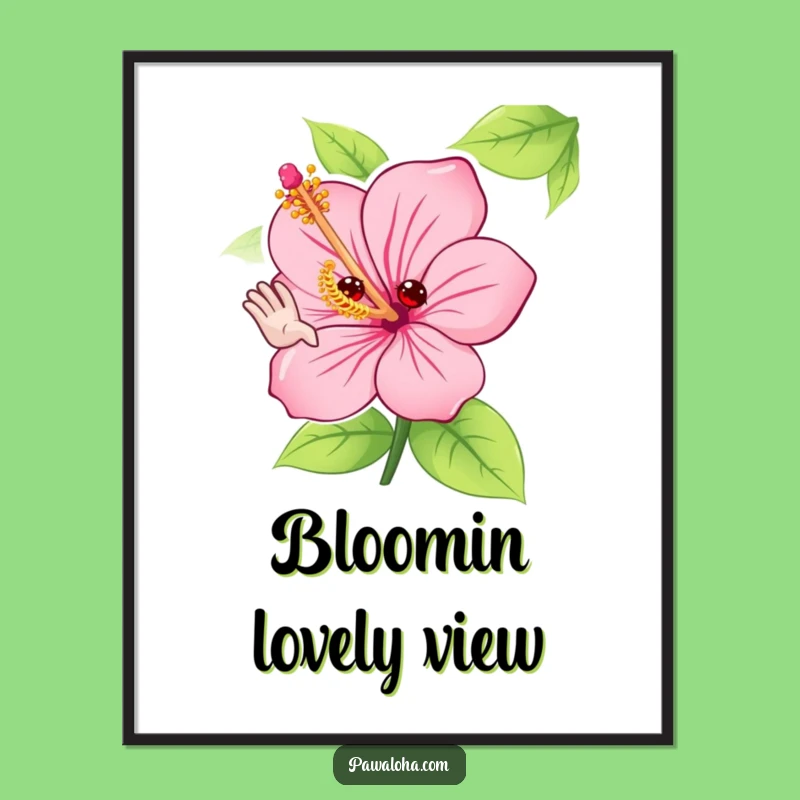 Funny Hibiscus Flower Digital Art: Adorable Waving Character Print Gift