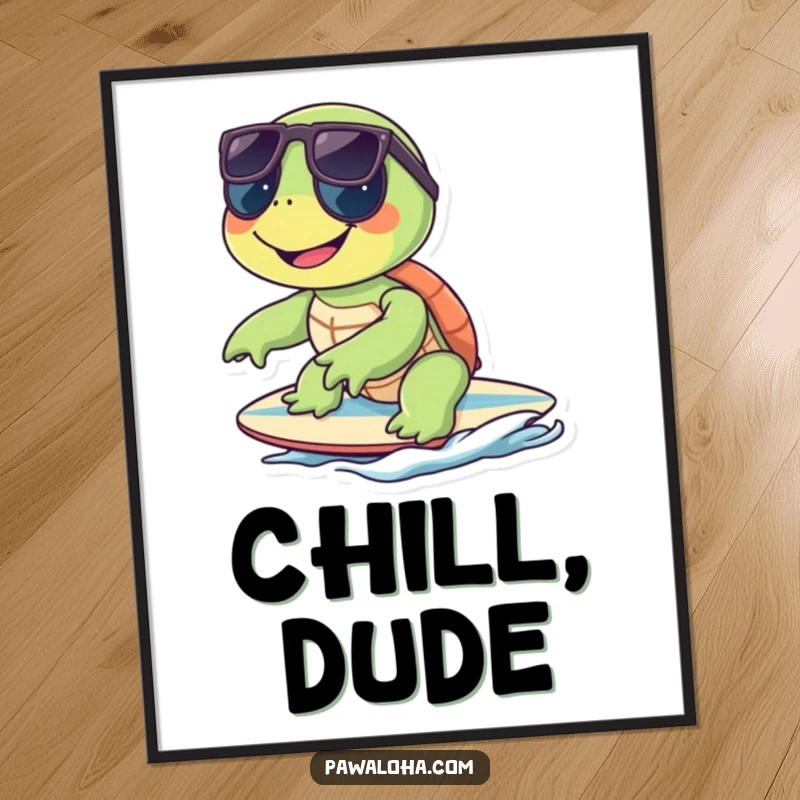 Funny smiling turtle wearing sunglasses, riding a surfboard, presented as downloadable digital art print.