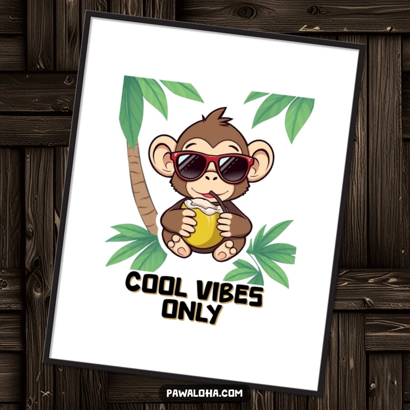 Funny Monkey Digital Art of a monkey with sunglasses and a coconut, radiating tropical relaxation and cool vibes.