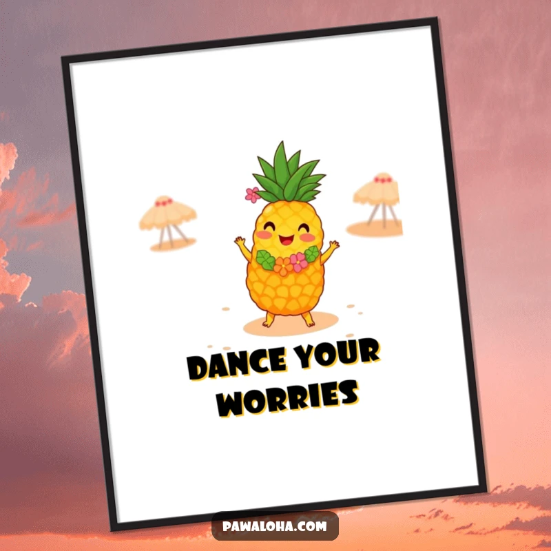 Funny digital art print of a joyful pineapple in a lei, dancing the hula on a sandy beach, perfect for instant tropical wall decor.