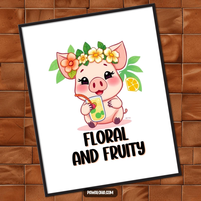 Funny pig digital art print showing a cheerful pig wearing a flower crown and enjoying a tropical drink, perfect for bringing vacation vibes indoors.