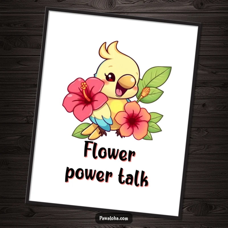 Funny digital art of a colorful parrot character squawking happily while holding a hibiscus flower, perfect for vibrant decor.