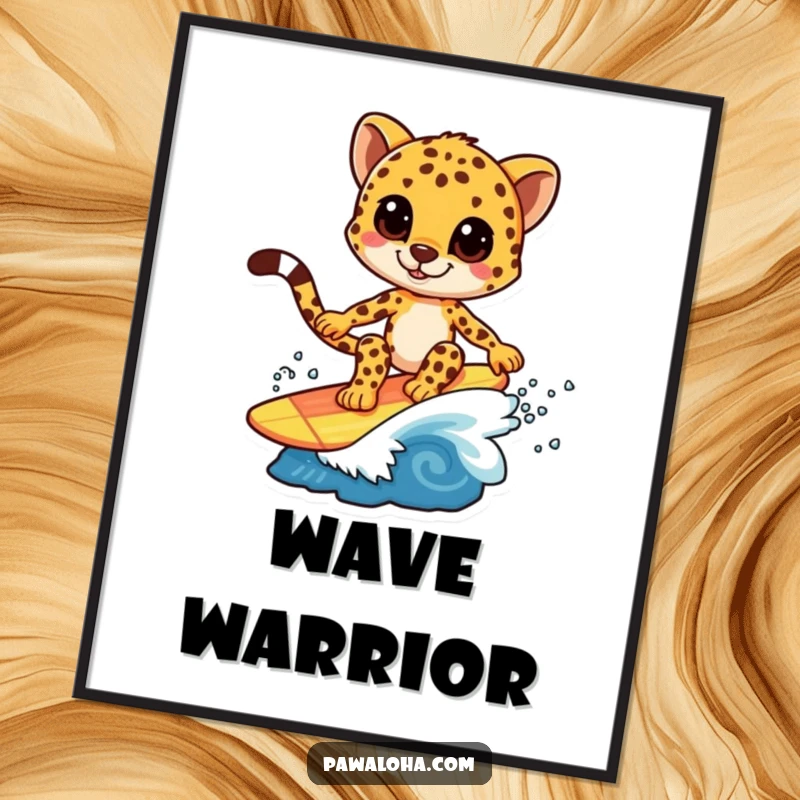Funny digital art of a cheetah character skillfully surfing a colorful wave, capturing motion and excitement.