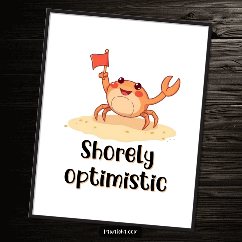 Funny crab digital art print showing a playful crab waving a small flag on a sandy shore, perfect for bringing beach cheer indoors.