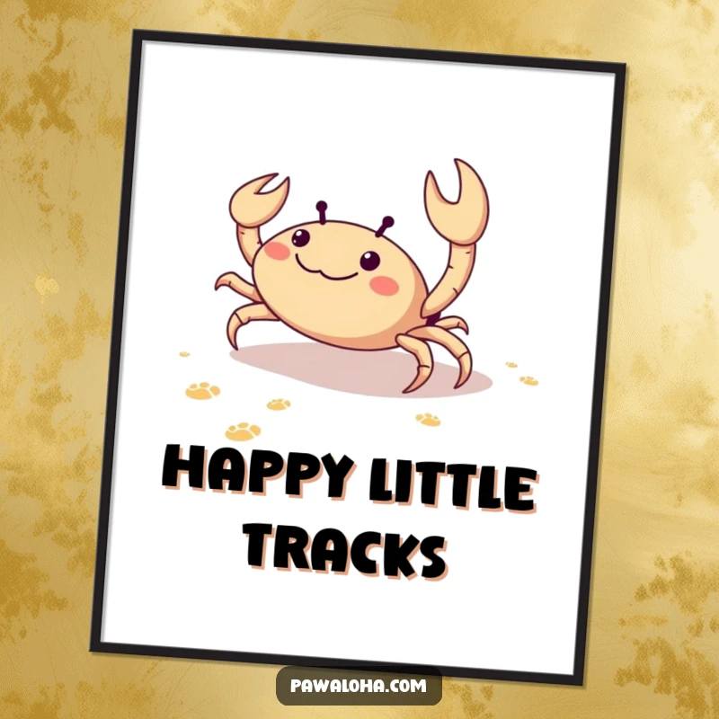 Funny digital art print of a delighted crab scuttling sideways on sand, leaving tiny footprints, radiating pure beach joy.
