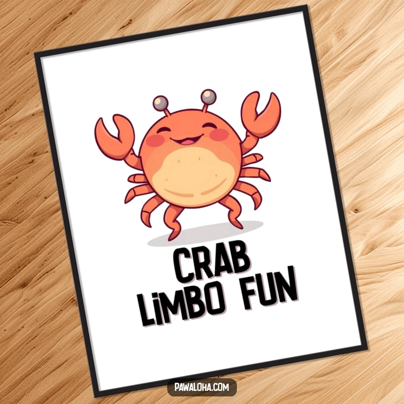 Funny digital art print of a crab doing a limbo dance, bringing lively beach party humor and a joyful atmosphere to wall decor.