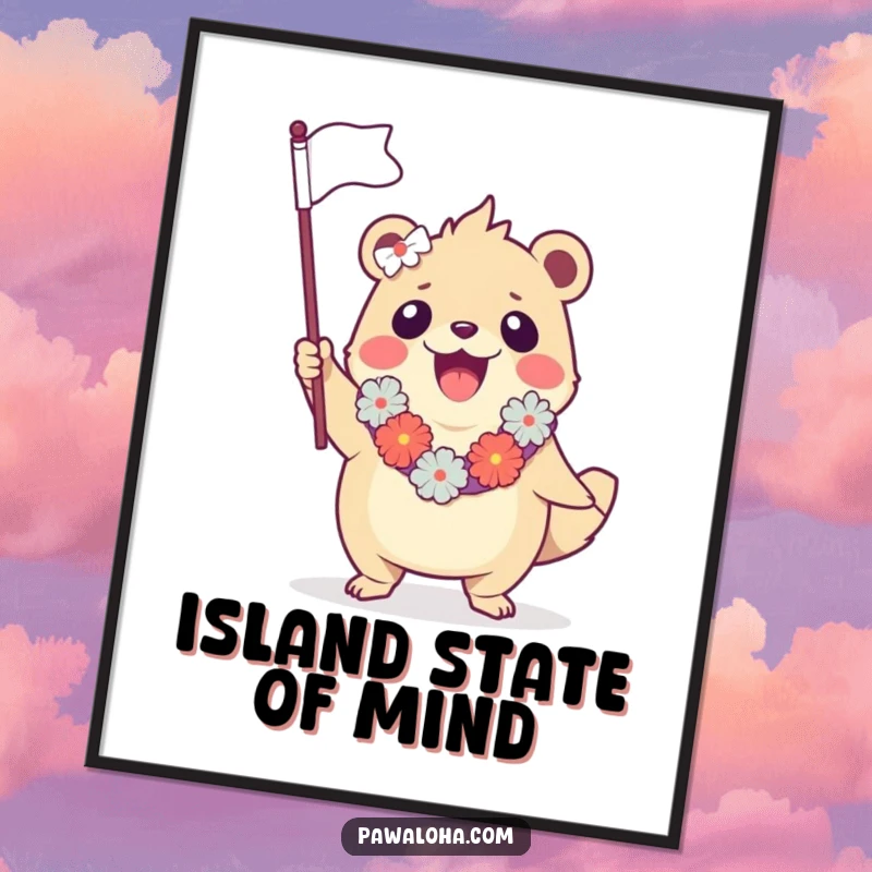 Funny digital art print of a creature in a lei, enthusiastically waving a miniature flag, capturing a festive tropical moment.