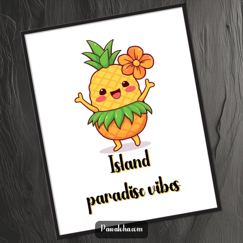 Funny Hawaiian pineapple with grass skirt and flower, dancing joyfully, ready to be printed as digital art.