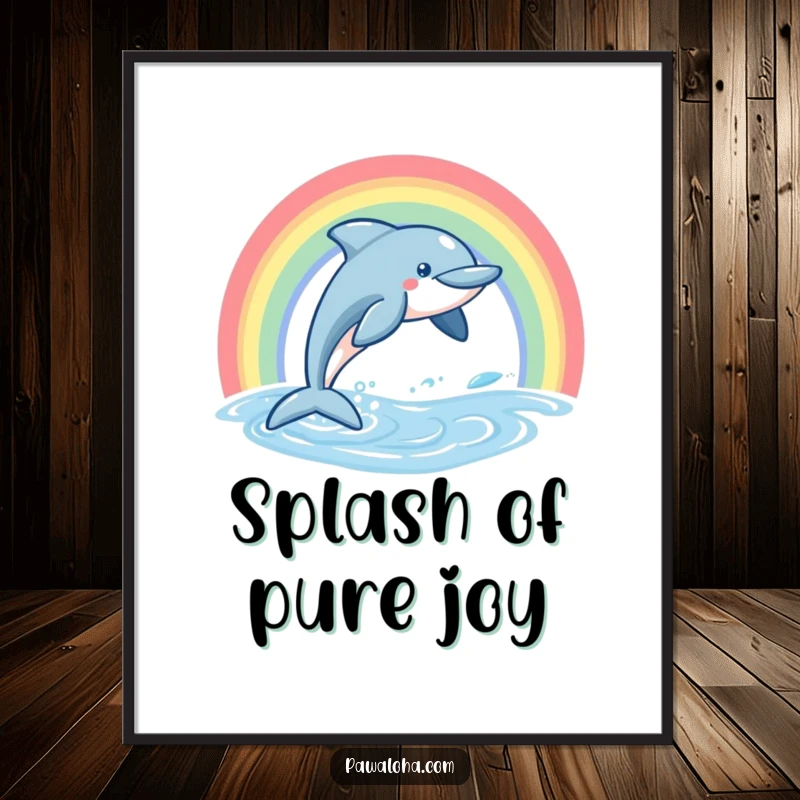 Funny Dolphin Digital Art Print of a friendly dolphin leaping from water with a brilliant rainbow arching above.