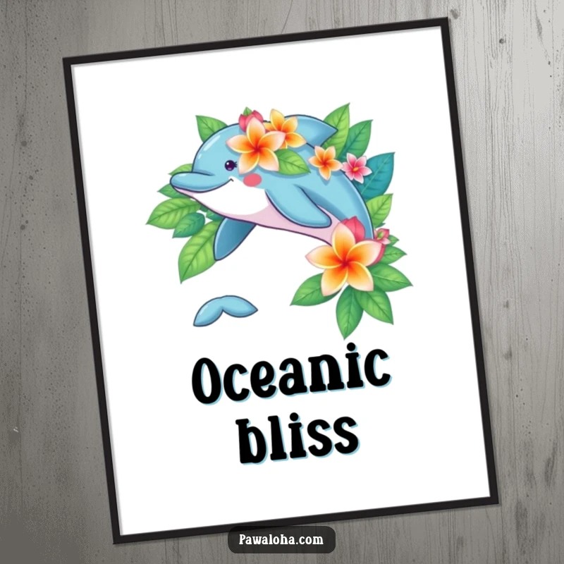 Playful dolphin character adorned with vibrant tropical flowers, ready to be printed as delightful digital art.