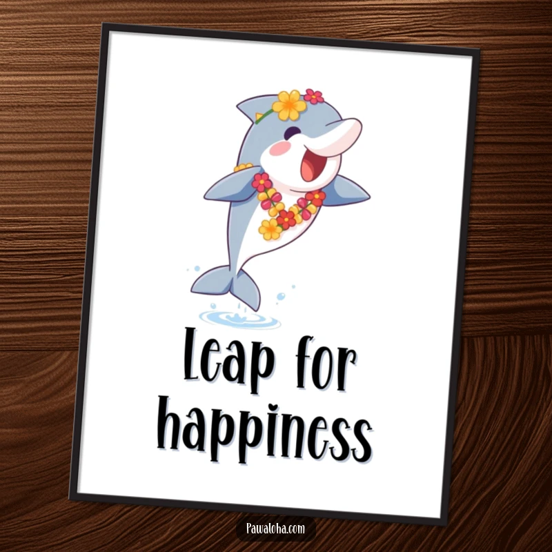 Funny Dolphin Digital Art Print: A high-resolution image of a happy dolphin wearing a lei, leaping joyfully from the ocean, perfect for funny, tropical decor.