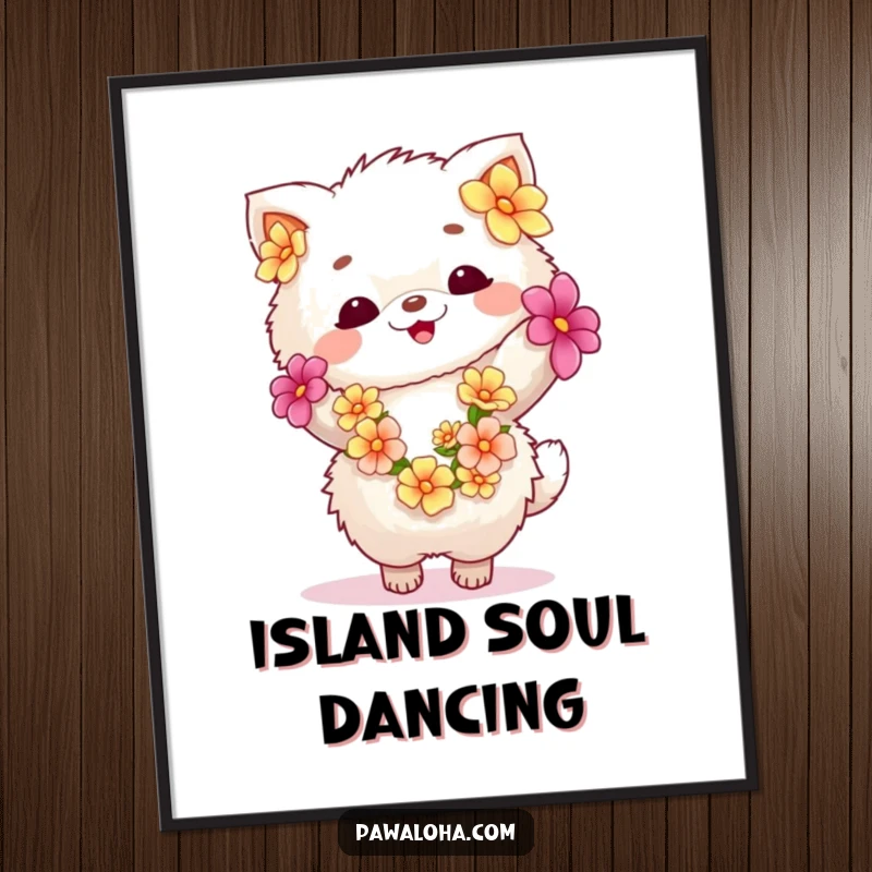 Funny fluffy animal in a lei, dancing with gleeful abandon as digital art. Captures energetic celebration and tropical bliss.