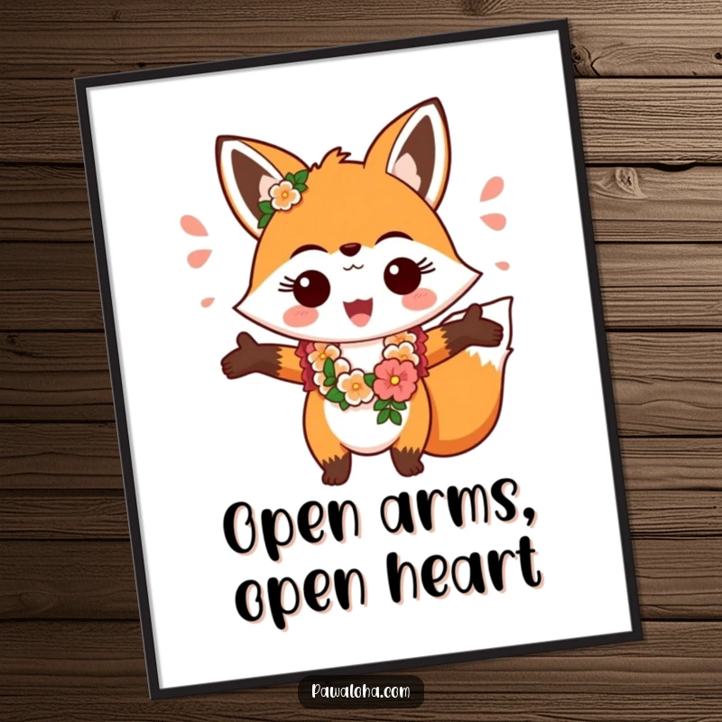 Funny fox character wearing a lei, offering a cheerful greeting with open arms, downloadable wall art.