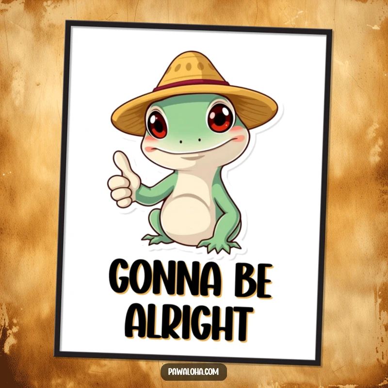 Funny gecko digital art print of a smiling character wearing a tiny straw hat and giving a thumbs up, perfect for cheerful decor.