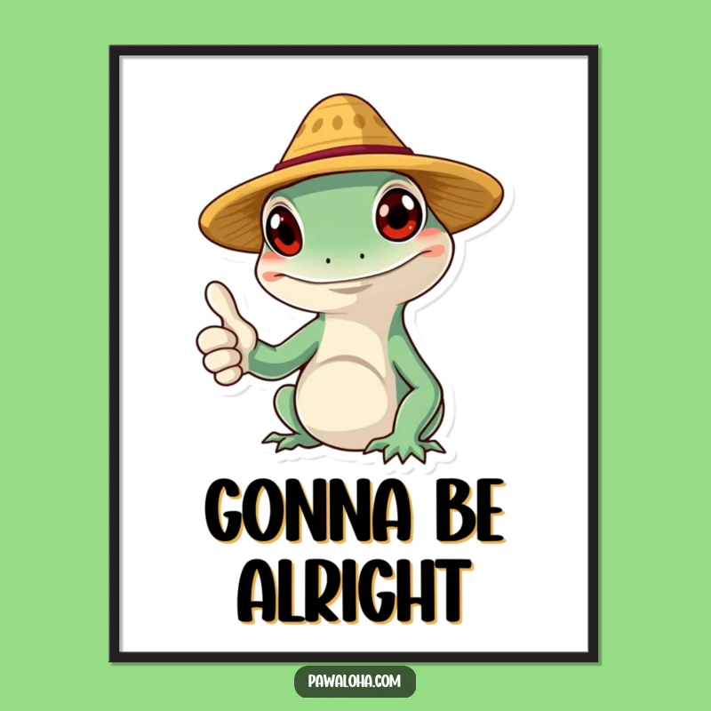 Funny Gecko Digital Art: Smiling Straw Hat Character Print for Decor