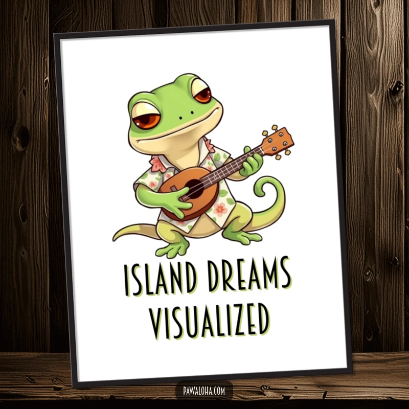 Funny digital art print of a cool gecko wearing a Hawaiian shirt, strumming a tiny ukulele, ready for instant download and humorous display.