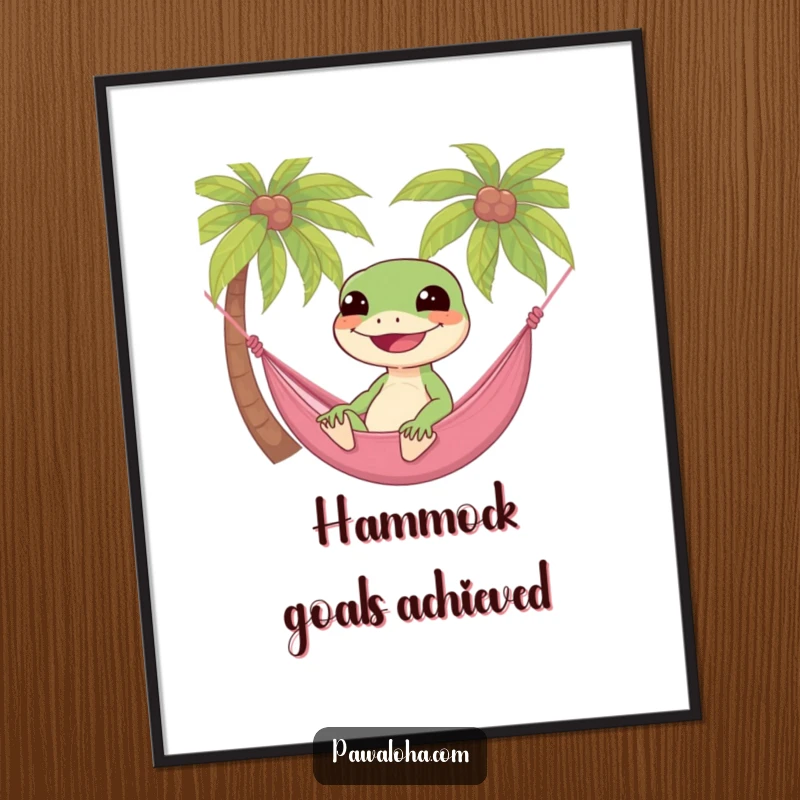 Funny gecko relaxing in a hammock between palm trees, downloadable tropical art print for humorous wall decor.