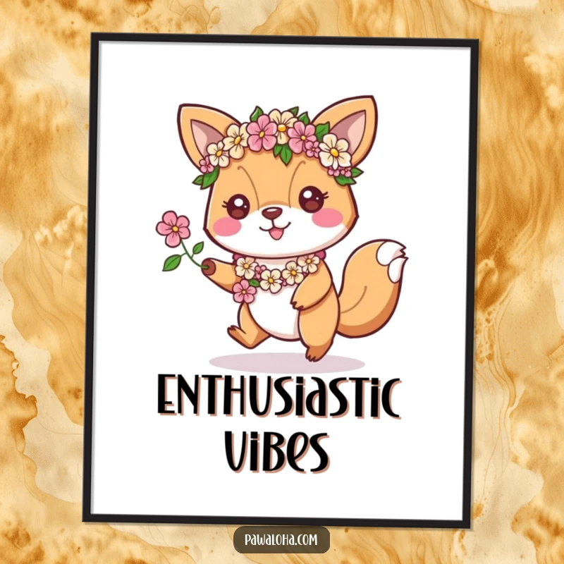 Funny Digital Art: An animal character with floral leis hops enthusiastically, a humorous depiction of pure joy for instant decor.