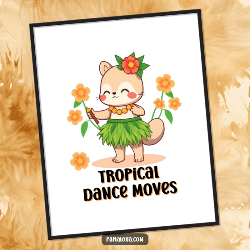 Funny Digital Art: A cute animal in a grass skirt dances the hula, a humorous tropical illustration for instant decor.
