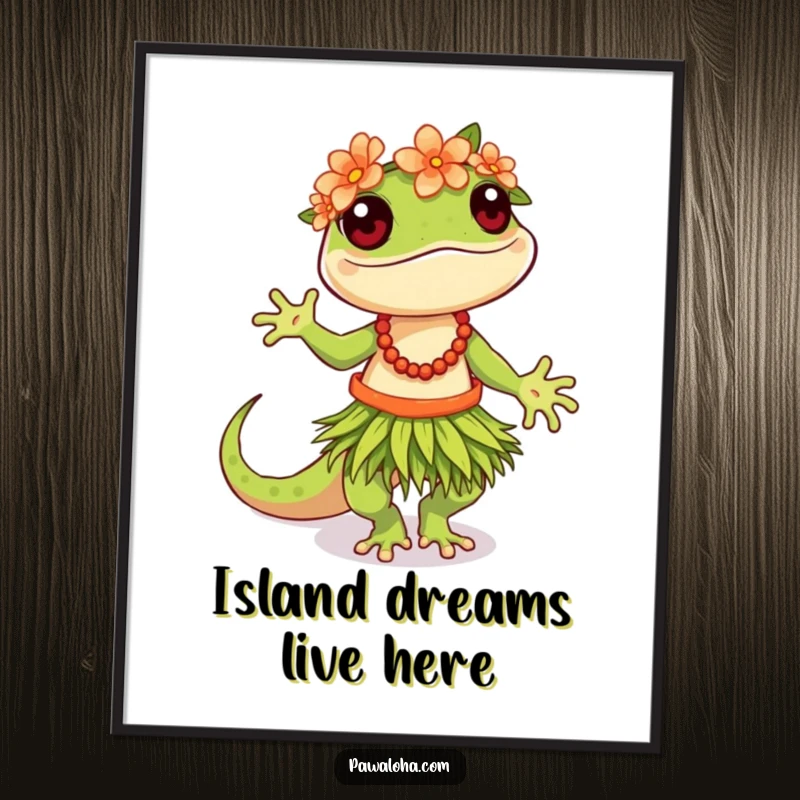 Funny Hula Gecko Digital Art of a gecko in a hula outfit, radiating tropical party vibes and cheerful energy.