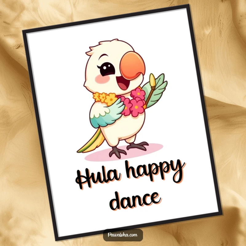 Funny digital art print of a happy kawaii parrot wearing a lei and dancing the hula, a vibrant tropical illustration.