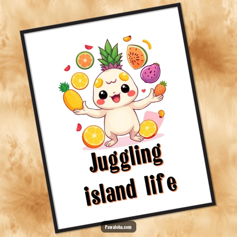 Funny creature juggling bright tropical fruits with cheerful energy as digital art. Captures dynamic action and tropical zest.