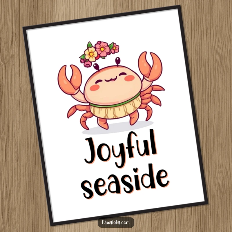 Funny Kawaii Crab Digital Art: Adorable crab doing a joyful hula dance with its claws, a funny printable art for beach decor.