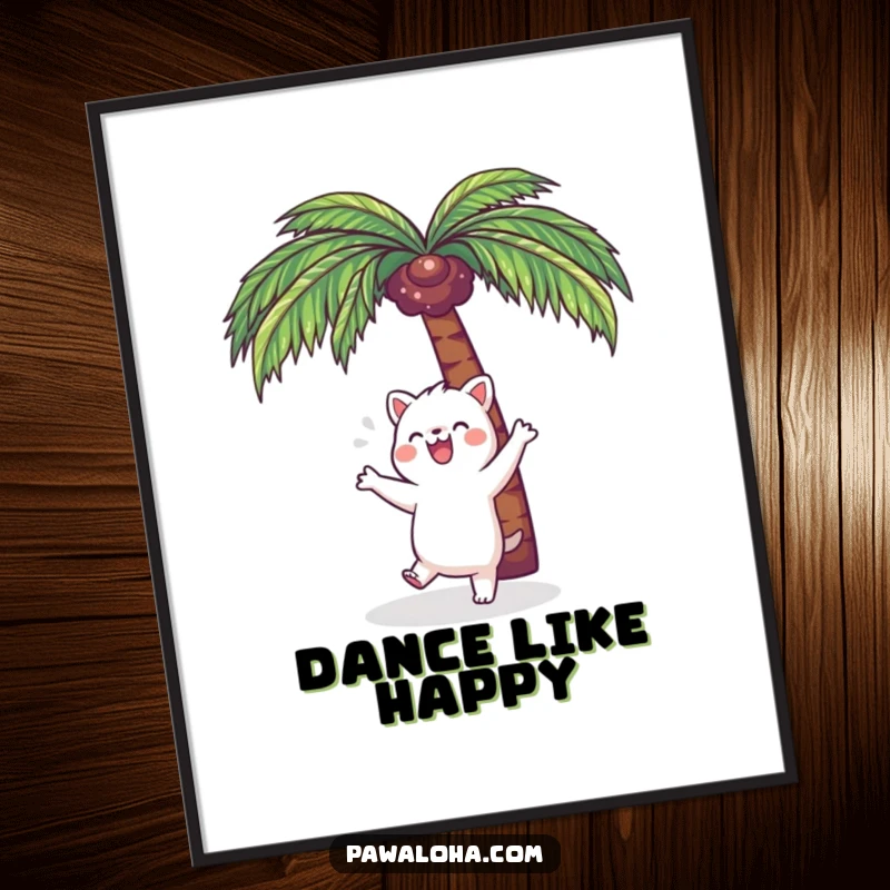 Funny Kawaii Dance Animal Digital Art Print: Cute cartoon character dancing joyfully under a palm tree, ready for instant download.