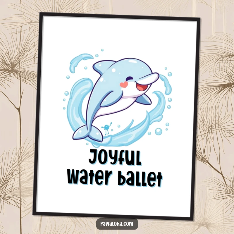 Funny Kawaii dolphin digital art print, a cute character leaping joyfully through ocean waves, perfect for humorous wall decor.