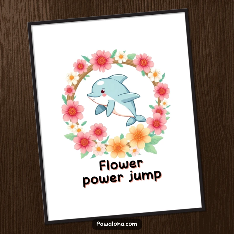 Funny Kawaii dolphin character leaping joyfully through a hoop of flowers, available as a high-resolution digital art download.