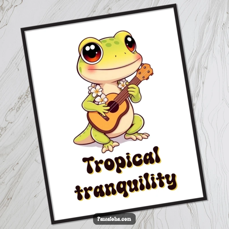Funny Kawaii Gecko Digital Art: Adorable gecko with lei playing ukulele, a funny printable art for tropical decor.