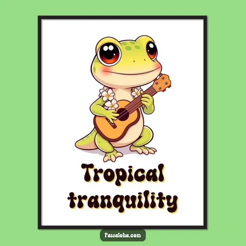 Funny Kawaii Gecko Digital Art: Hawaiian Ukulele Print - Instant Download Gift