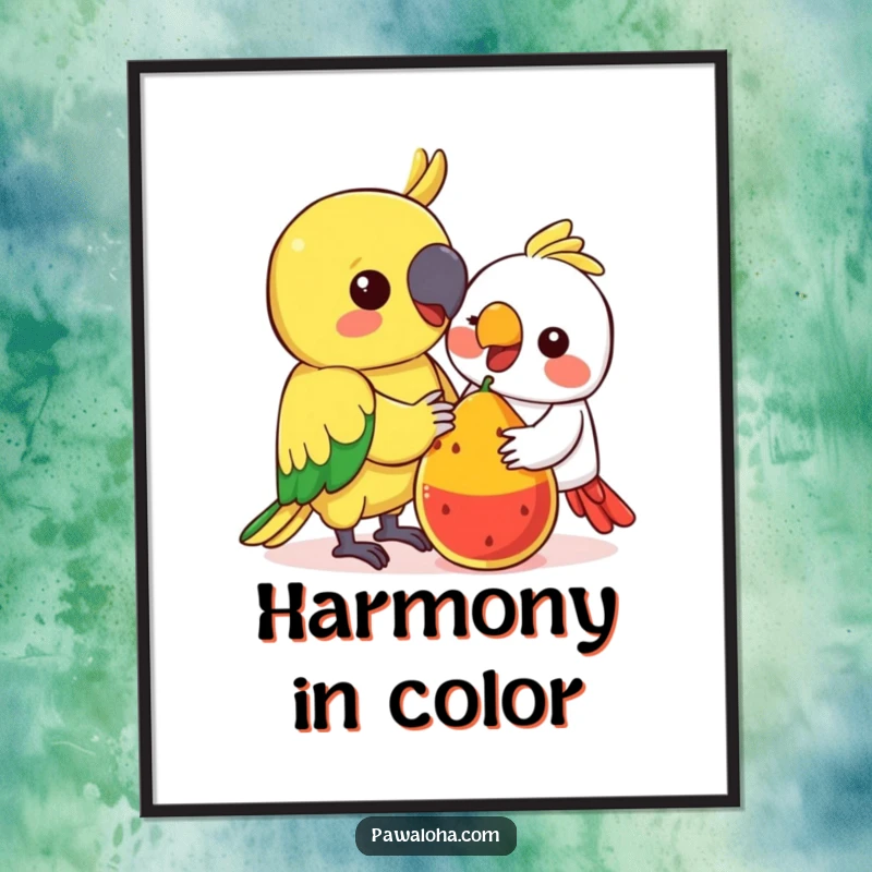 Funny Kawaii Parrot Digital Art: Adorable colorful parrot sharing fruit, a funny printable art celebrating friendship.