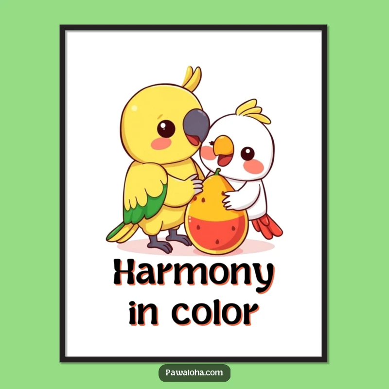 Funny Kawaii Parrot Digital Art: Fruit Sharing Print - Instant Download Gift