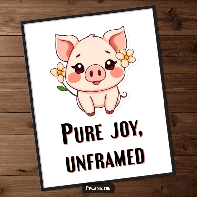 Funny Kawaii pig with a flower behind its ear, smiling on a digital art print, perfect for screensavers.