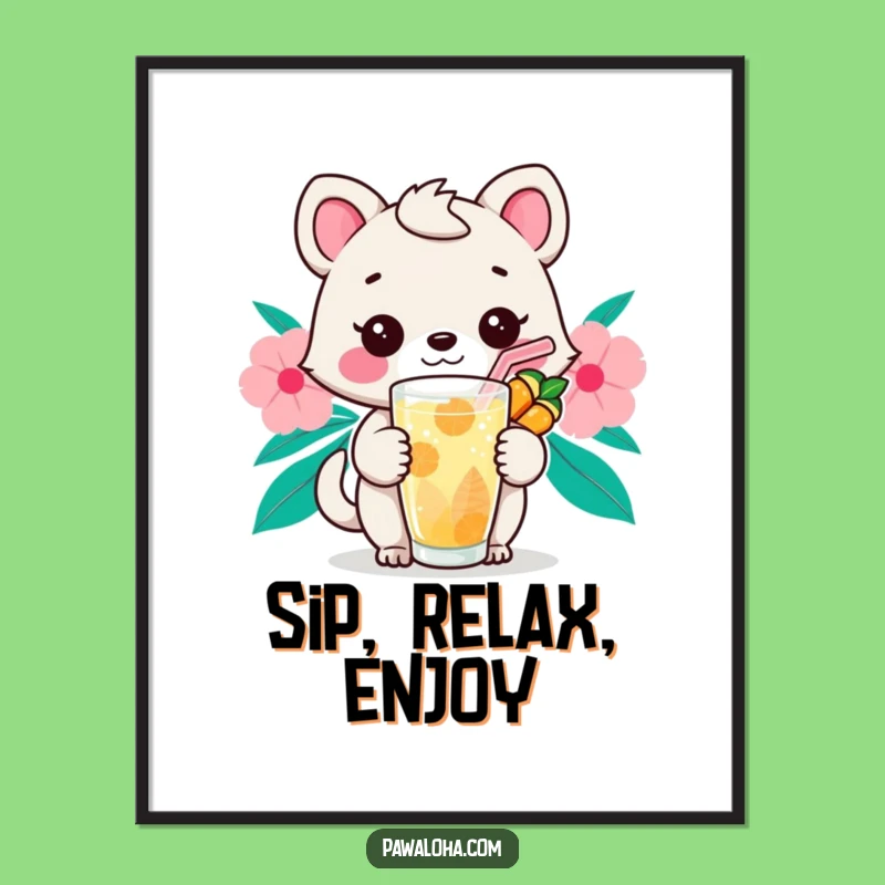 Funny Kawaii Sip Animal Digital Art Print: Instant Tropical Relaxation for Your Walls