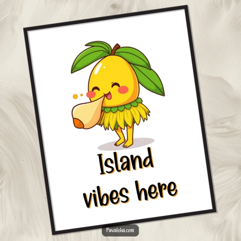Funny smiling mango character in grass skirt blowing conch shell, a downloadable funny tropical art print.