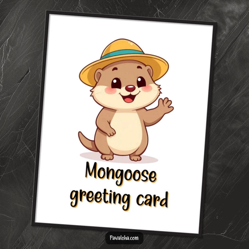 Funny Mongoose Wave Digital Art Print: A high-res image of a cheerful mongoose in a sun hat waving, perfect for funny, sunny wall art.